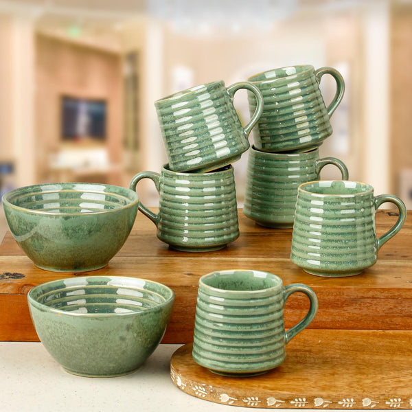 Sage Green Ceramic Bowls and Tea Cup Combo | Microwave and Dishwasher Safe